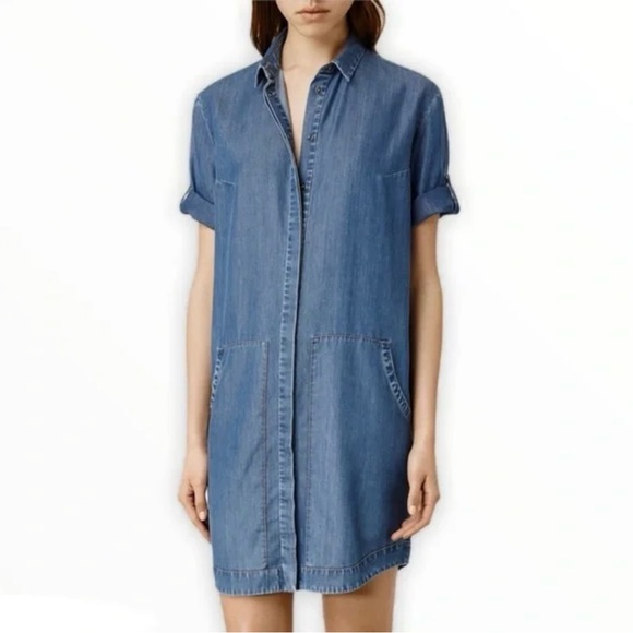 All‎ Saints Calla Bay Shirt Dress Indigo Blue Size 6 Tencel Cotton Linen - Picture 14 of 15